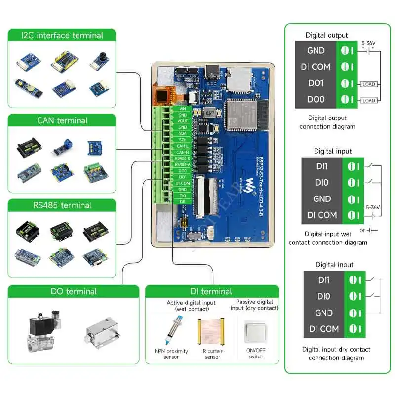 ESP32 S3 4.3inch LCD (B) 800x480 Captive TouchScreen Display Board LVGL with Sensor CAN I2C RS485