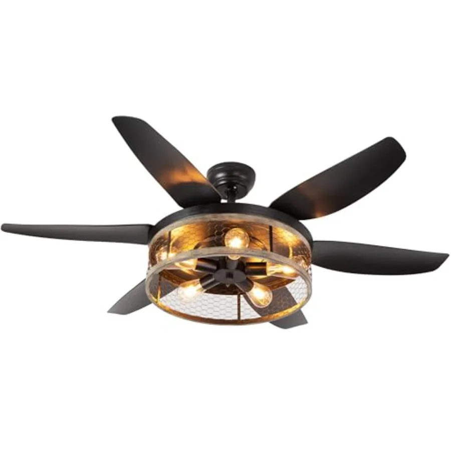 

Farmhouse ceiling fan with lights and remote: 52 inch rustic fan in black finish, caged light fixture, retro design for patio,