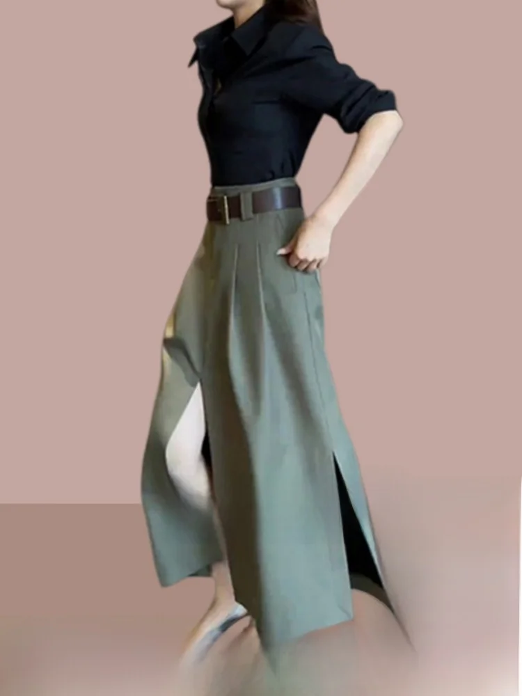 Women's High Waist Slit Midi Skirt And irt Set Faionable Two Piece Ensemble Straight Cut A-Line Skirt Button up  irt