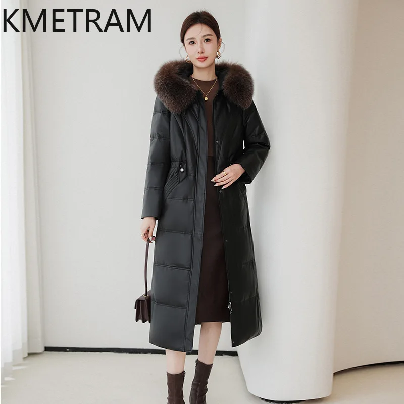 Damska kurtka puchowa ze 100% skóry owczej, wysokiej jakości, długi płaszcz puchowy ze skóry naturalnej z kapturem i kołnierzem z futra lisa, odzież zimowa 2025