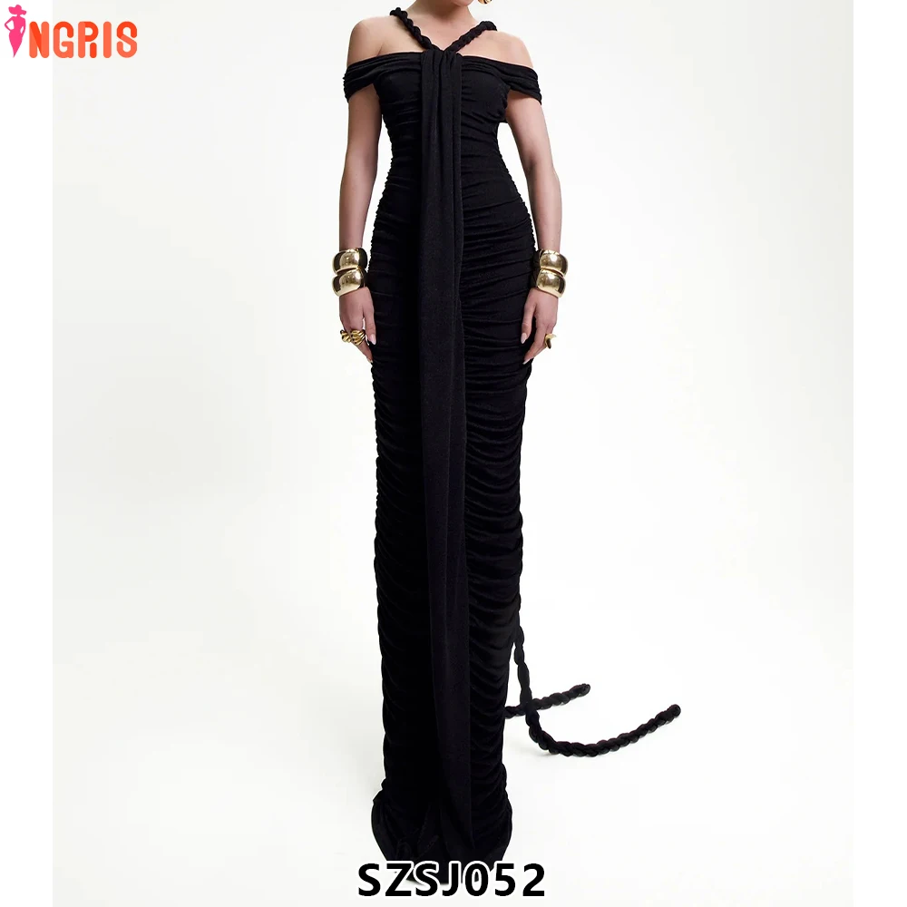 

2025 Summer New Arrivals Elegant Ladies Floor-Mounting Casual Chiffon Dress High Waisted One-Shoulder Neck Pleated Skirt-SZSJ052