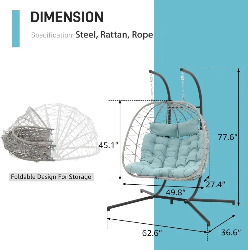 Patiorama 2 Person Double Egg Swing Chair with Stand Indoor Outdoor, Patio Wicker Rattan Hanging Egg Chair w/Cushion, Pillow