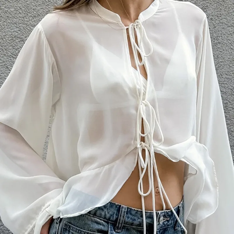 2024 Autumn and Winter New Style Sense of Advanced Minority Unique Drawstring Frenum White Blouse See-through Top Women Tops