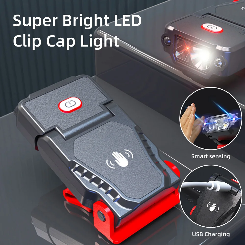 LED Sensor Headlamp Super Bright Hat Clip Cap Light Fishing Headlight USB Rechargeable Lights Outdoor Camping Headlamp