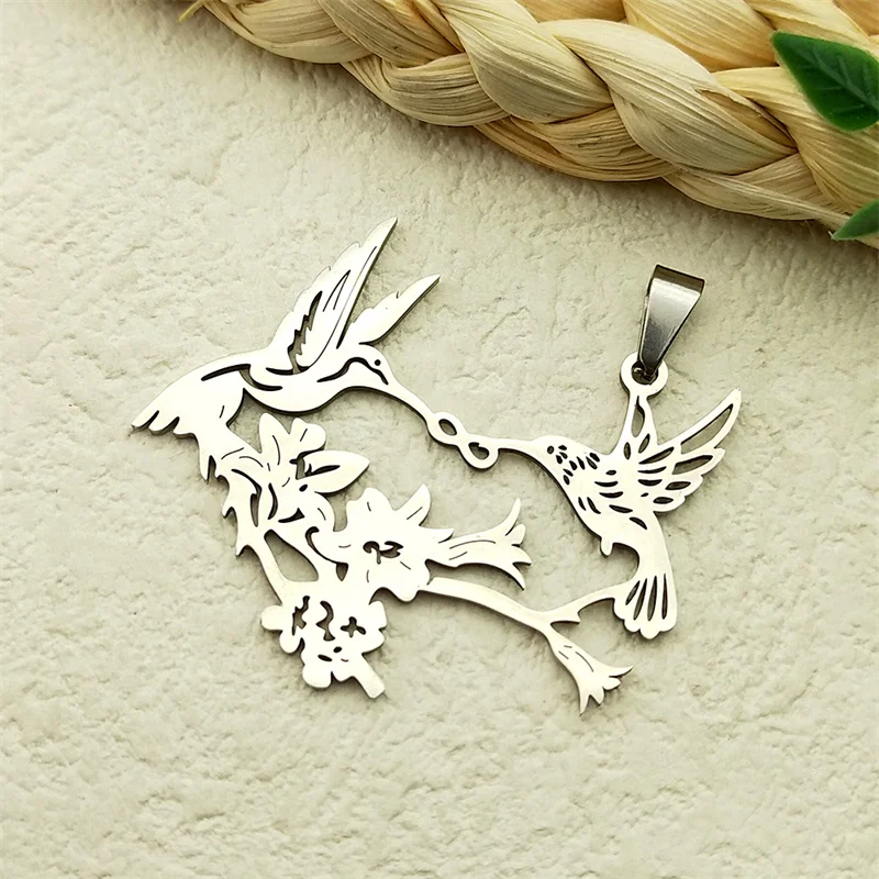 3Pcs Hummingbirds Kisssing Flower Love Pendants For Women Men Stainless Steel Gold Silver Color Birds Charms Jewelry Gifts