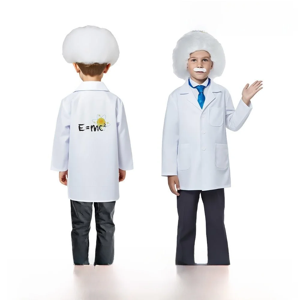 زي أينشتاين معطف مختبر أبيض للأطفال زي أداء لمحاضر الفيزياء للهالوين للتبادل الثقافي عبر الحدود