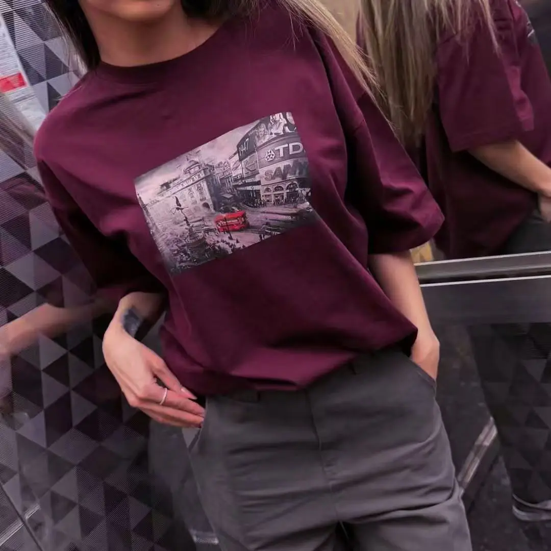 Vintage Urban Street View Print Gothic T Shirts Women 100% Cotton Short Sleeve Crew Neck High Street Casual Graphic T Shirts Top