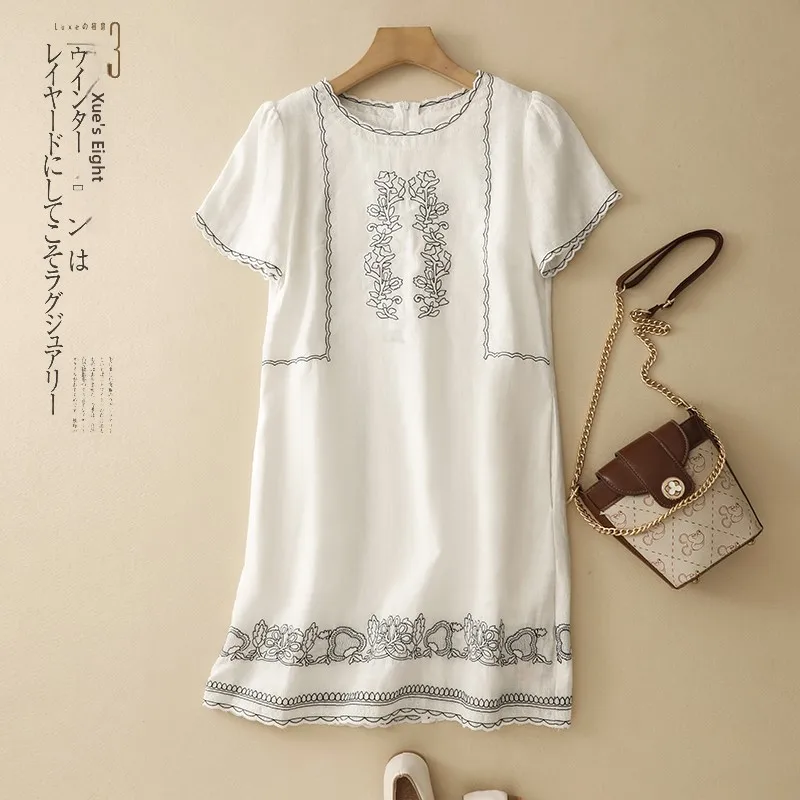 تنورة Ele Summer فضفاضة للتخسيس ميدي دكتور مطرزة ومضادة للشيخوخة على شكل حرف a متعددة الاستخدامات من مزيج القطن والكتان Dr #1