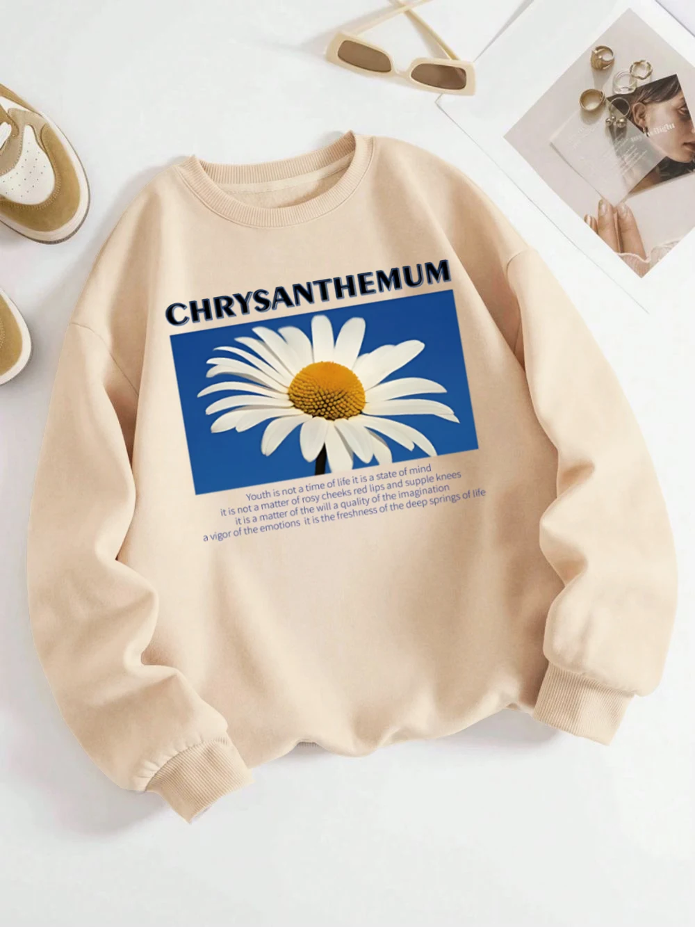 Chrysanthemum Sweatshirt Womens Fresh Flower Print Hoodie Loose Fleece Warm Crewneck Pullover Casual Comfortable Womans Clothes