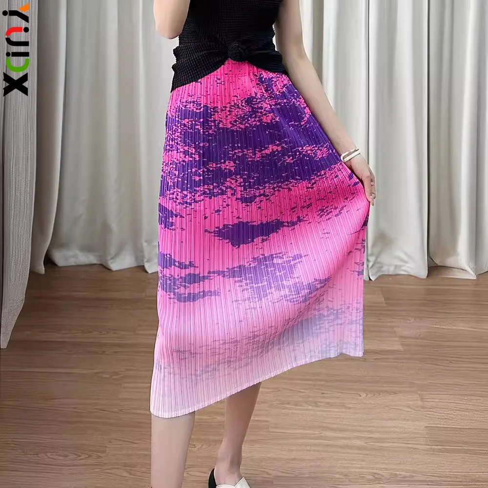 

YUDX Pleated Skirt Women's 2024 Summer New Style High-waisted Temperament Slimming Slit Fashionable Mid-length Printed Skirt