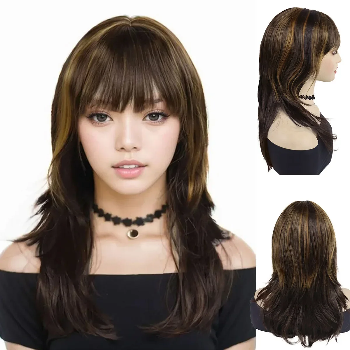 Synthetic Hair Long Brown Wigs for Women Natural Straight Hair Mommy Wig with Bangs Mixed Brown Color Good Clearance Sale Wig