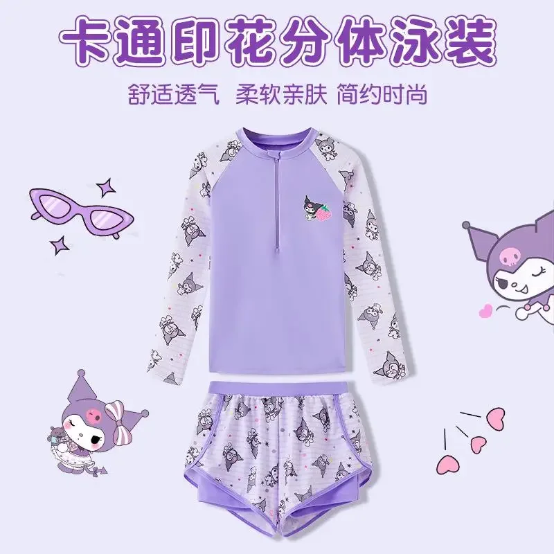 

Новый детский раздельный купальник Kawaii Anime Kuromi: модные шорты с длинными рукавами для девочек, двухслойные, с мультяшным принтом, с плоскими швами