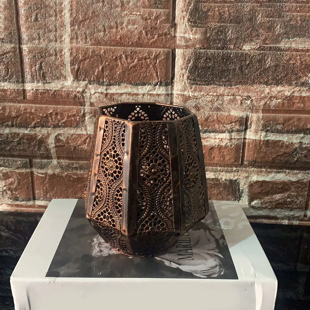 

Retro Candleholder Black Tea Light Stand Wrought Iron Home Decor Moroccan Hollow Out Desk Piece