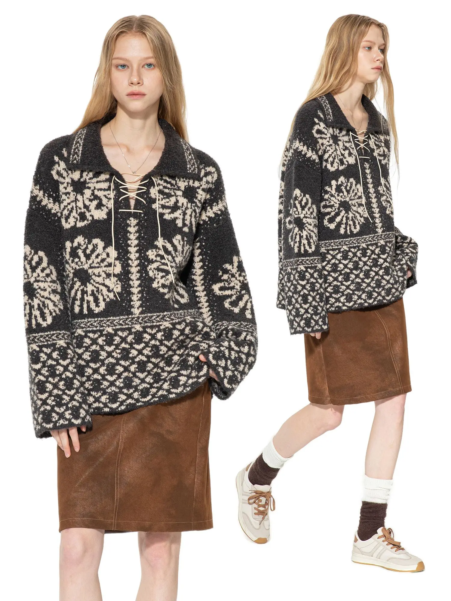 

Women's Vintage Jacquard Pattern Knitted Sweater Autumn Casual Warm Top Female Long Sleeve Knitted Pullover 2000s Clothes