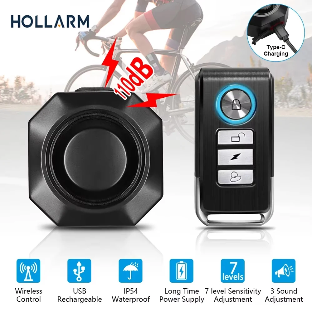 Hollarm Wireless Bike Vibration Alarm USB Charging Motorcycle Security Detector Burglar System Bicycle Alarm Remote Control