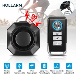 Hollarm Allarme vibrazione bici wireless Ricarica USB Rilevatore di sicurezza moto Sistema antifurto Allarme bicicletta Telecomando