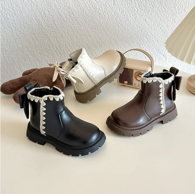 2024 Children Short Boots for Girls Winter New Fashion Korean Style Soft Sole Anti-slippery Versatile Sweeet Bowtie Leather Shoe