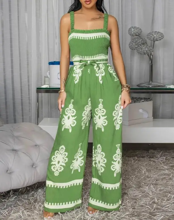 Jumpsuit Women New Vintage Floral Print Square Neck Stretchy Straps Shirred Backless Ovealls Casual Tie Waist Wide Leg Jumpsuit