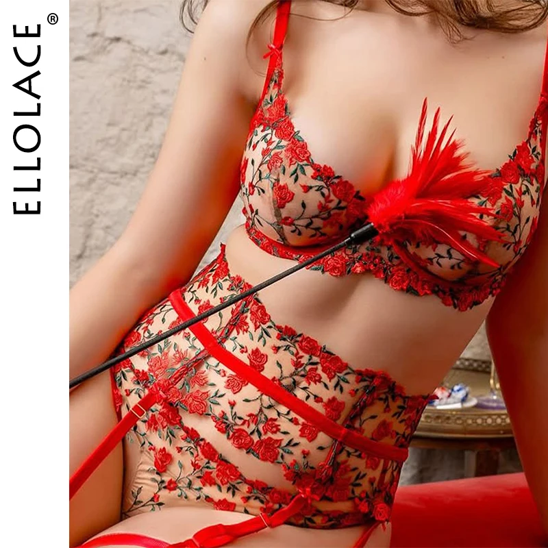 

Ellolace Romantic Lingerie Sexy Women Bright Bra Belt Brief 3PC with Leg Circles Beautiful Floral Retro Rose Corset Garter Set
