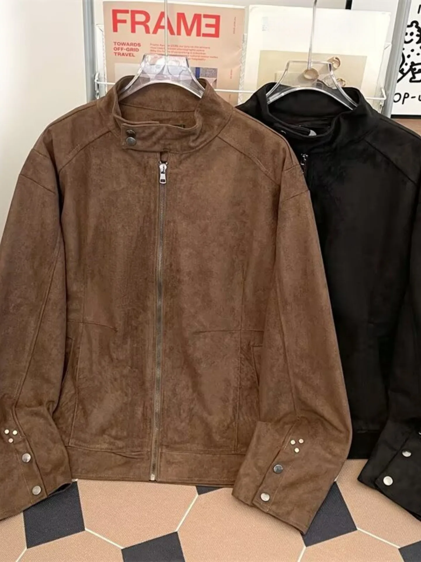 Vintage Brown Suede Jacket Men's Loose Fit Zipper Collar Biker Style Jacket Youth Trend Summer Casual Outerwear