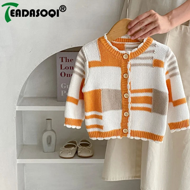 

Spring Autumn Newborn Baby Girls Full Sleeve Geometric Contrast Knit Top Single-breasted Cardigan Coat Infant Kids Sweater 0-3Y