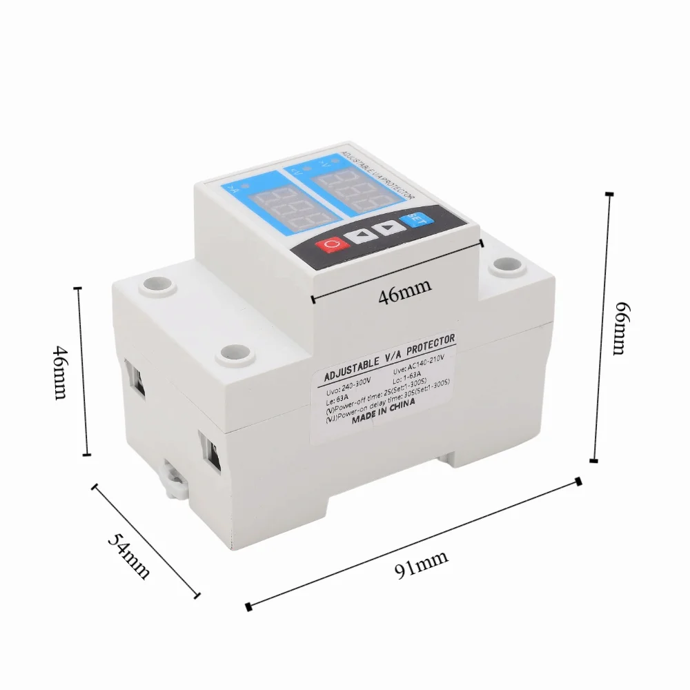 Self Resetting Over Under Voltage Protector 240V~300V 63A Adjustable Voltage Protective Device Two Display DIN Rail