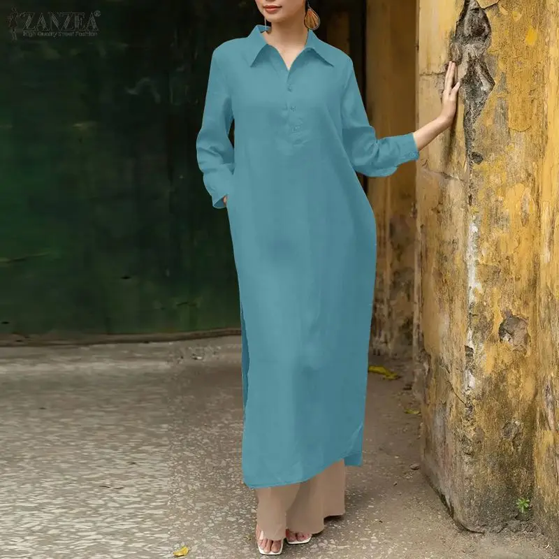 ZANZEA Women Fashion Elegant Long Shirt Dress Maxi Sundress 2025 Autumn Long Sleeve Button Solid Party Vestidos Holiday Robe