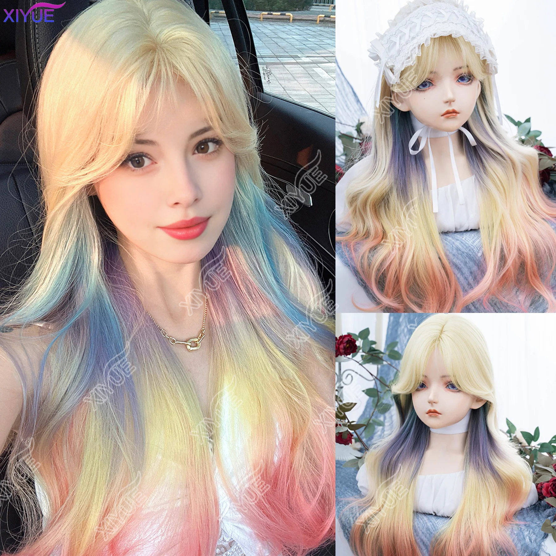 

XIYUE Dopamine Girl Style Блондинка Микс Разноцветные Синтетические Парики Средняя Часть Длинные Волнистые Волосы Парик Для Женщин Косплей Термостойкие