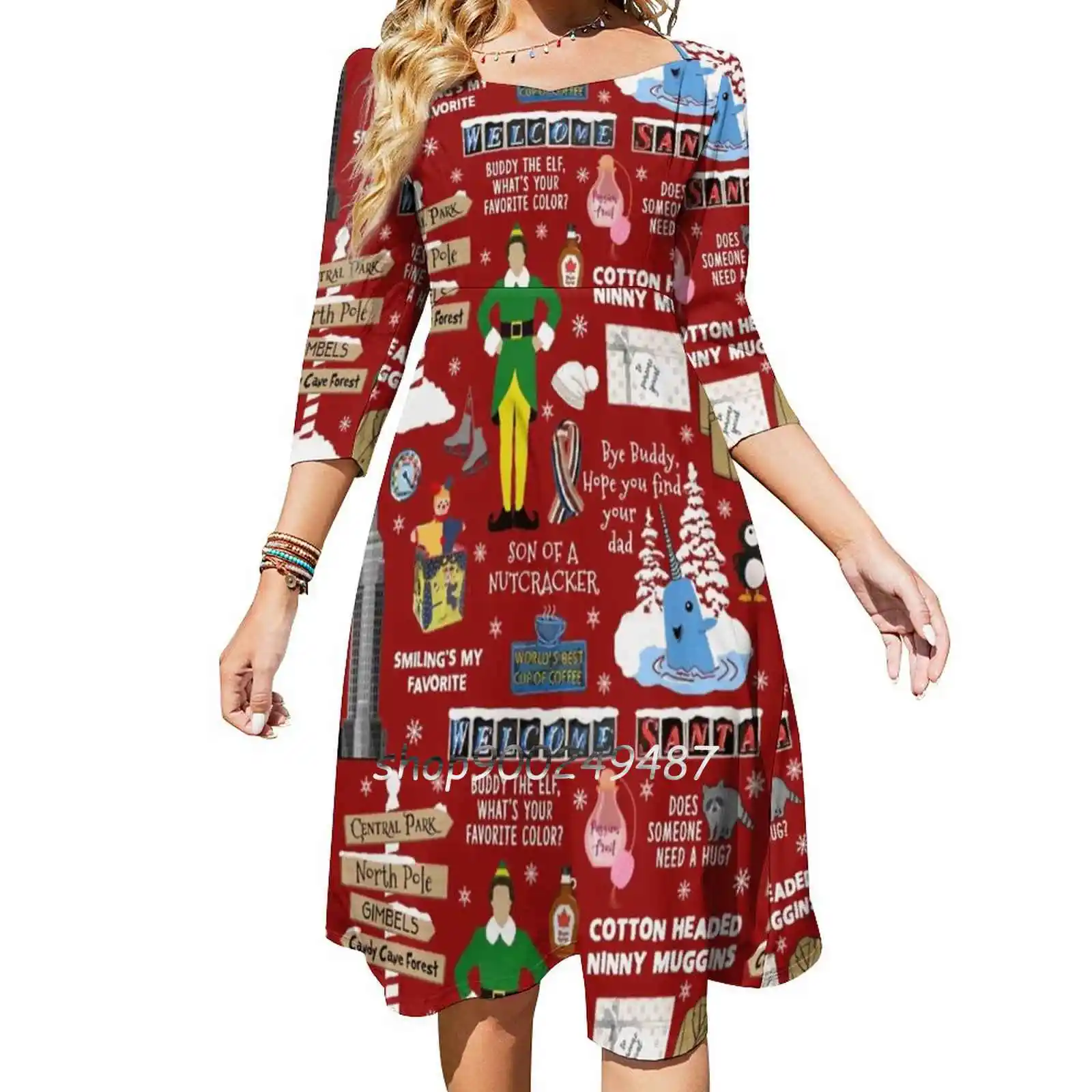 Buddy The Elf Collage , Red Background Square Neck Dress Sweet Summer Dress Women Elegant Halter Print Dress Elf Buddy The Elf