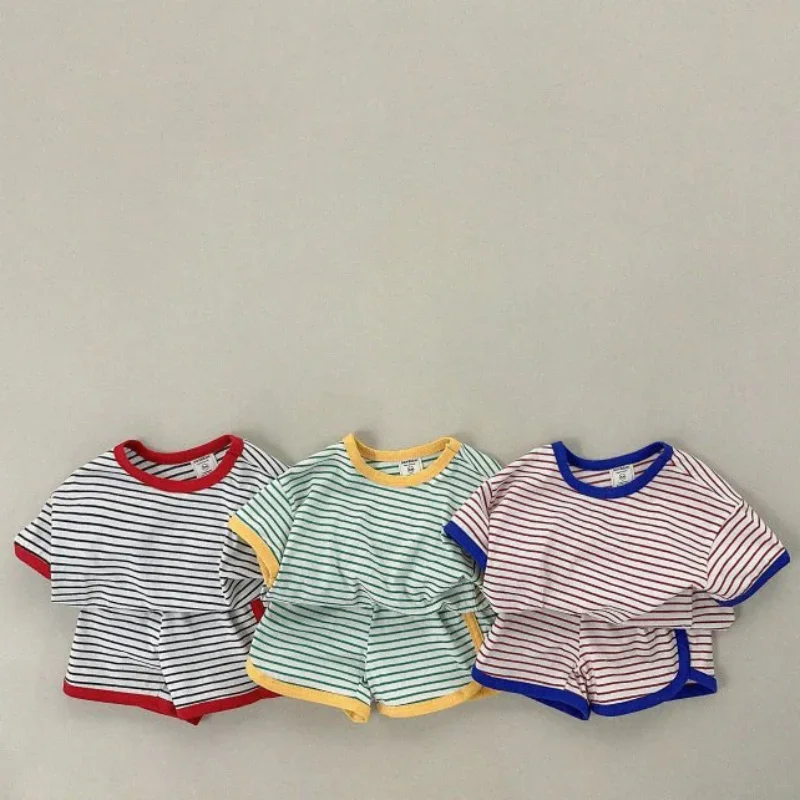 2024 Kids Girls Summer Cotton Clothing Suit 2Pcs Children Striped Short-Sleeve T-Shirt + Shorts Sets Baby Fashion Loose Outfits