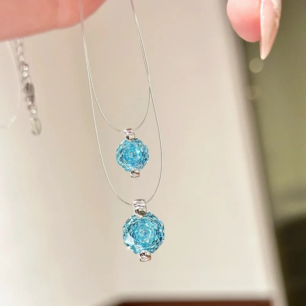 925 Sterling Silver Invisible Fish Line Mermaid Tears Pendant Necklace Women Elegant Octagonal Rose Birthday Party Jewelry Gift