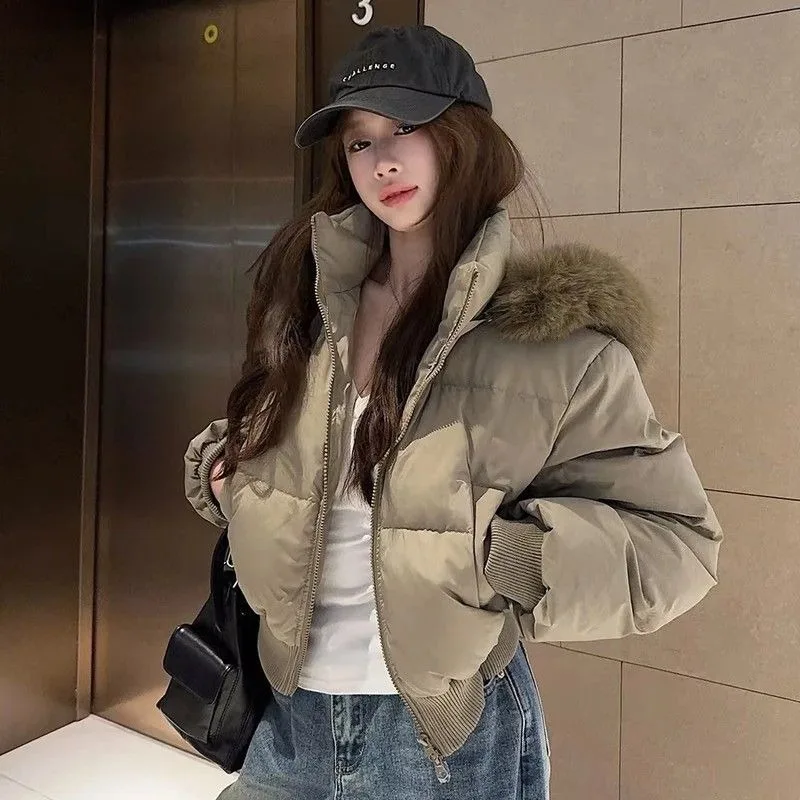 

YYAHAHAS Korean Fashion Parkas Women's Winter New Item Waist Cinching and Slimming Big Fur Collar Hooded Short Jacket