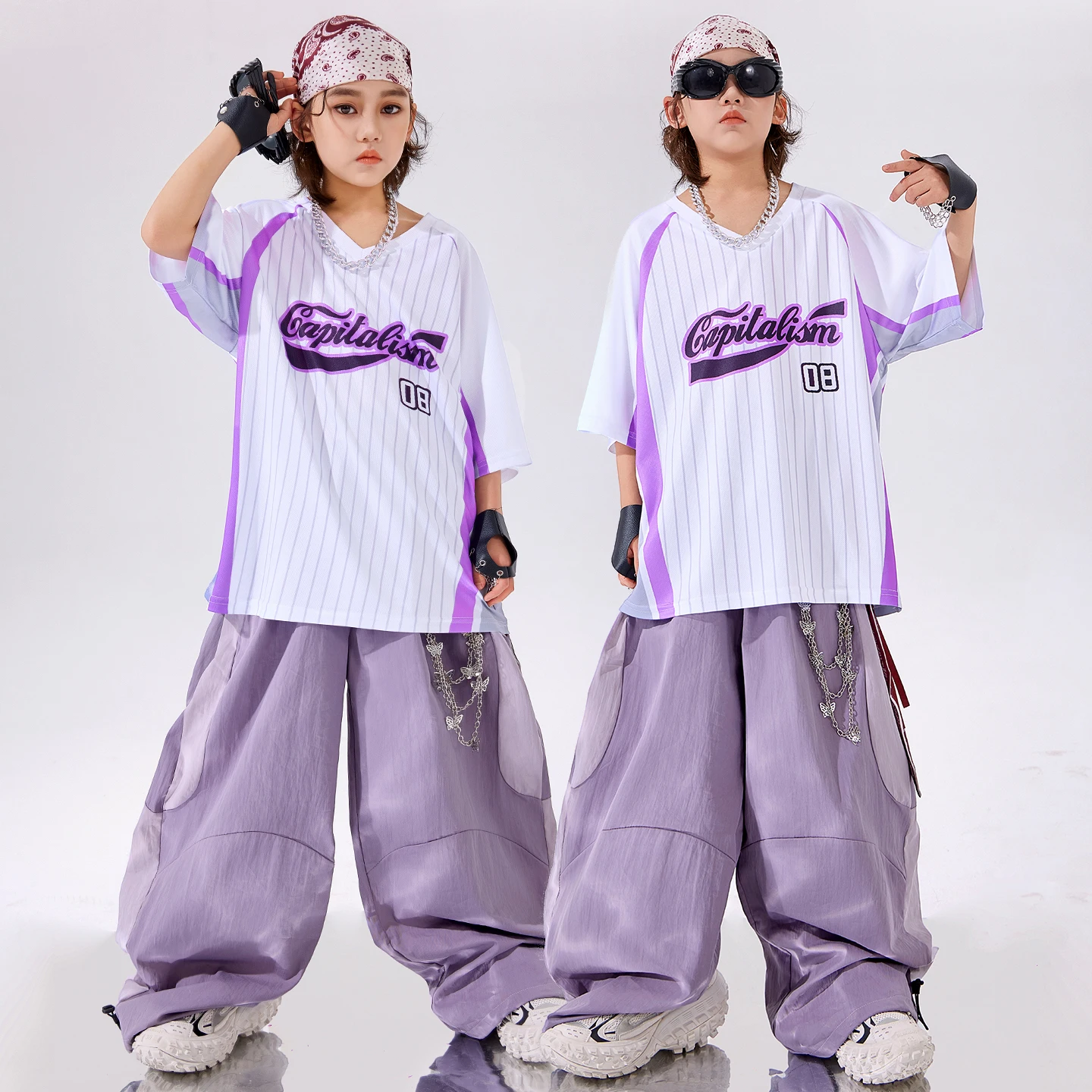 Hip Hop Outfit Tshirt Boys Graffiti Joggers Denim Pants Girls Street Dancewear K-pop Children Streetwear Kids Jazz Clothes Sets view 2