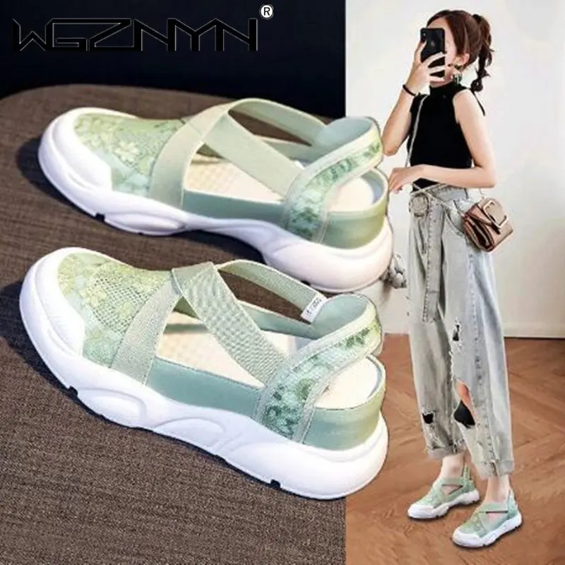 NEW Ladies Vintage Mesh Flats Summer Shoes Fashion Fisherman Sandals Ladies Stretch Bandage Casual Platform Sandals 2023 Loafers