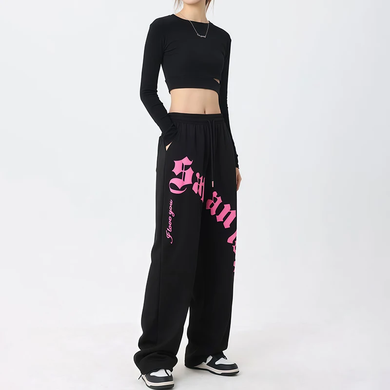 الهيب هوب إلكتروني طباعة Sweatpants للنساء مرونة عالية الخصر بنطلون خمر Y2k بنطلون مريح فضفاض بنطلون رياضي