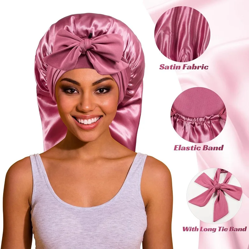 Women's Fashion Bonnet Long Edition Silk Smooth Colored Ding Elastic Comfortable Personalized Casual Sleeping Hat