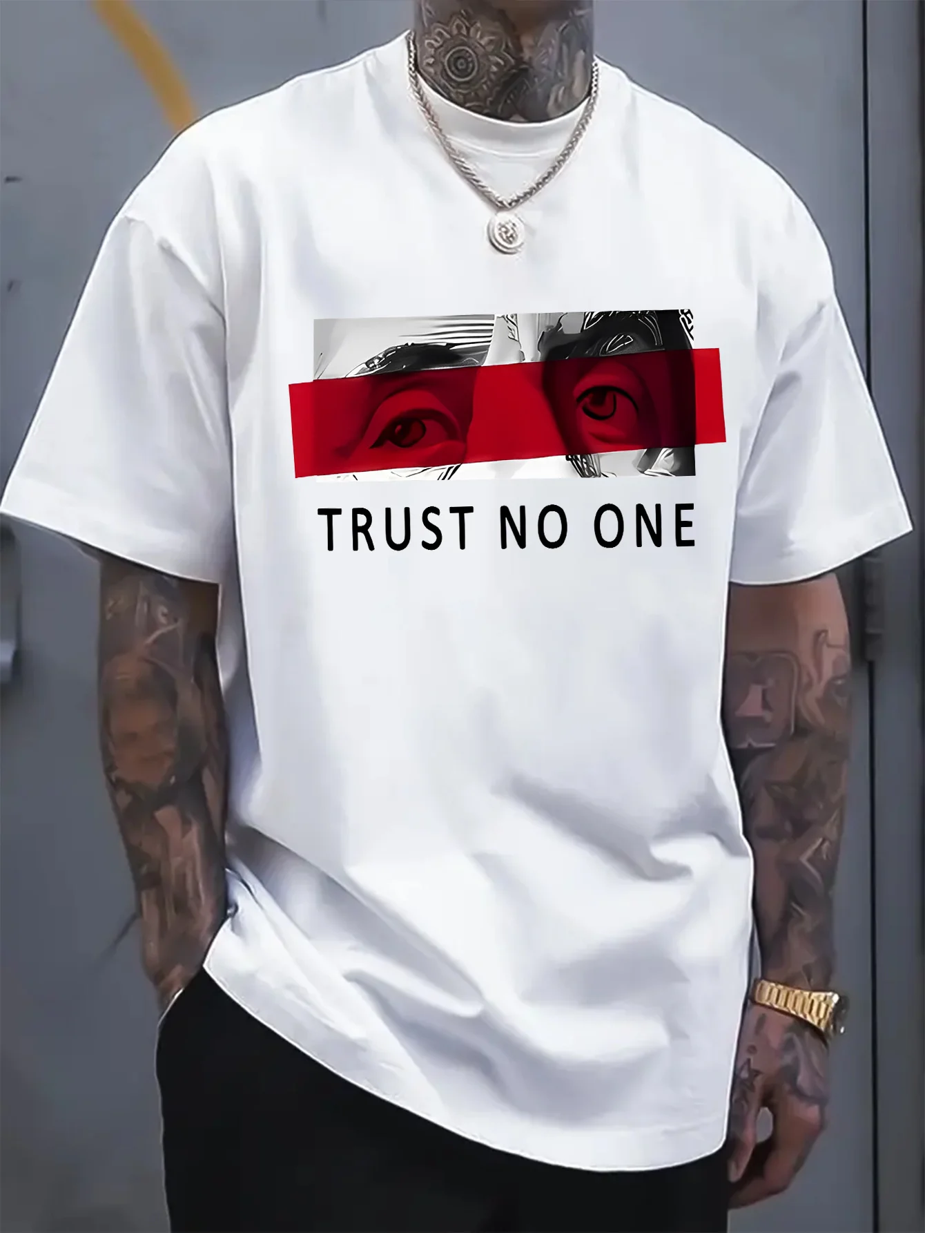 

Customizable Men s Cotton T-Shirt - TRUST NO ONE Graphic Design Black Casual Short Sleeve Tee with Red Stripe Eye Illustration