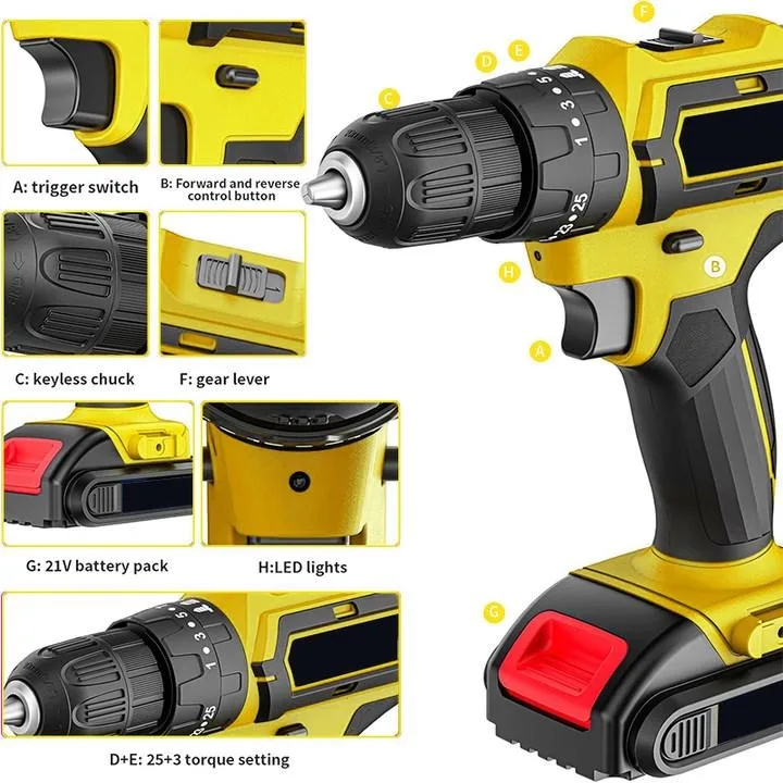 무선 드릴 |   24개 전동 드릴 세트 |   21V 전동 드릴 세트 (배터리 2개 및 충전기 포함) |   25+1 토크 설정, 1/2'' 키리스