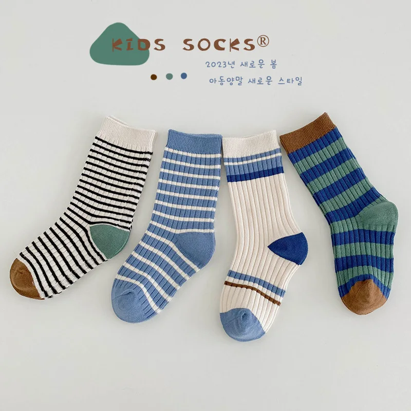 Children's Socks Autumn Trendy Striped Pattern Socks 4 Pairs/lot Cotton Sock Baby Medium Socks