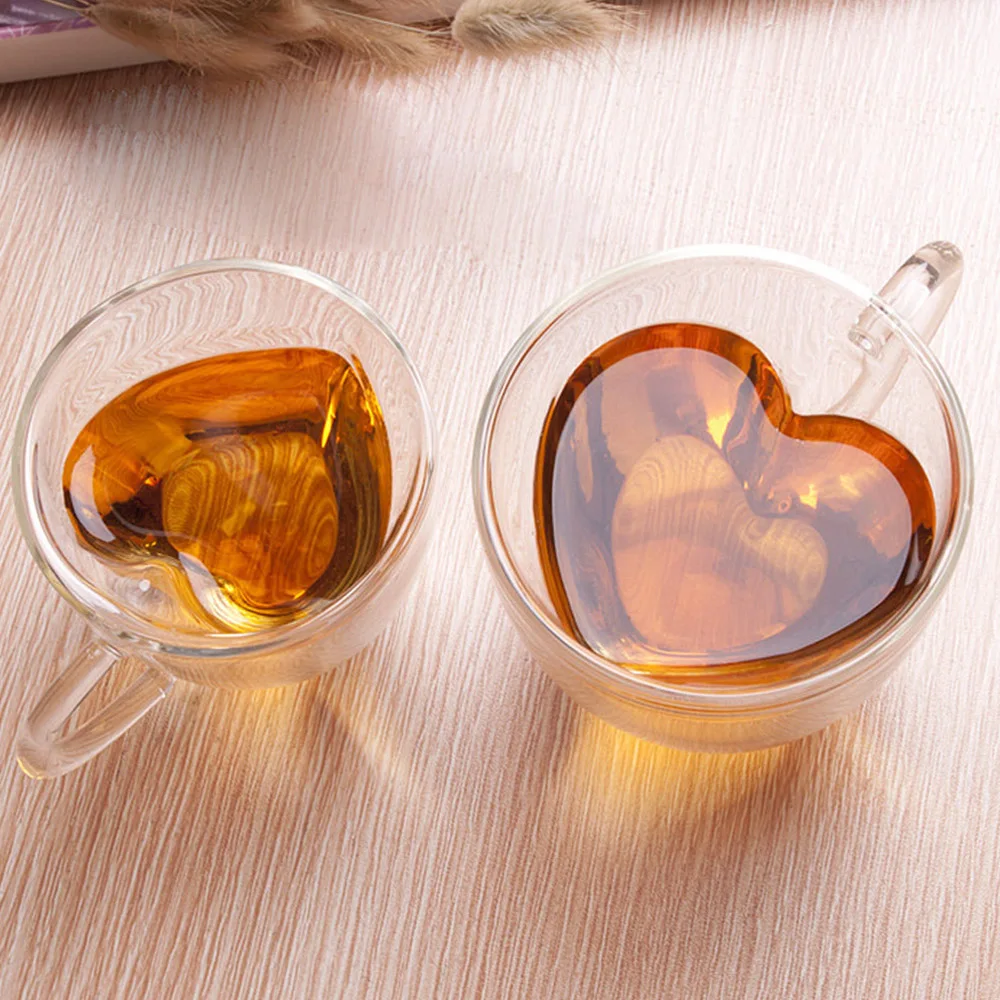 Drinkware Heat-Resisting Double Wall Glass Mug 180ml/240ml Heart Love Shaped Tea Beer Mug Juice Cup Coffee Cups Mug Gift