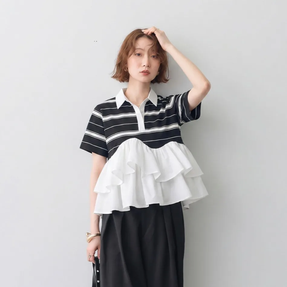 Korean Chic  Flip Collar Short Sleeve Breathable Patchwork Hemline Faux Two-Piece Women's T-Shirt Casual Style Summer Wear