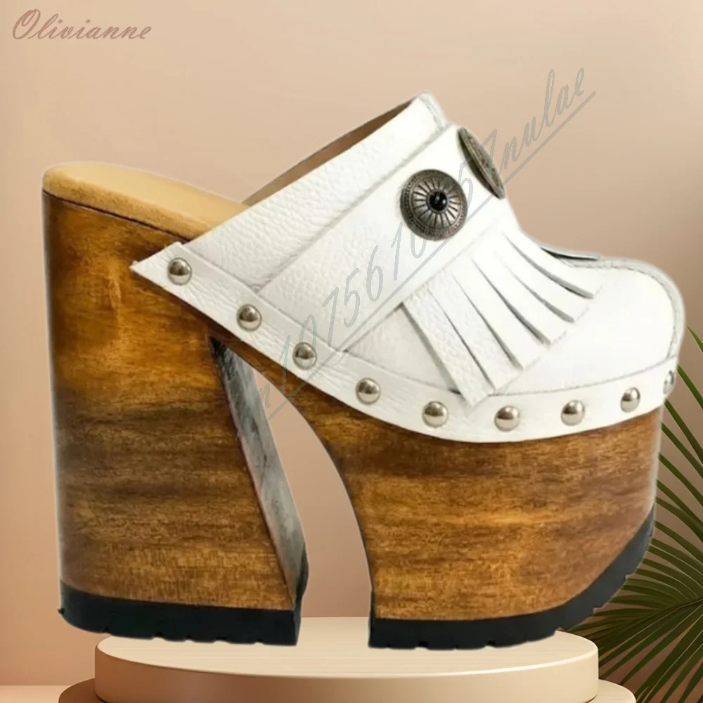 Elegant Lady's White Faux Leather Platform Fringe Rivet Pumps Chunky Block Heel Western Backless Slip On Women Shoes Mujers