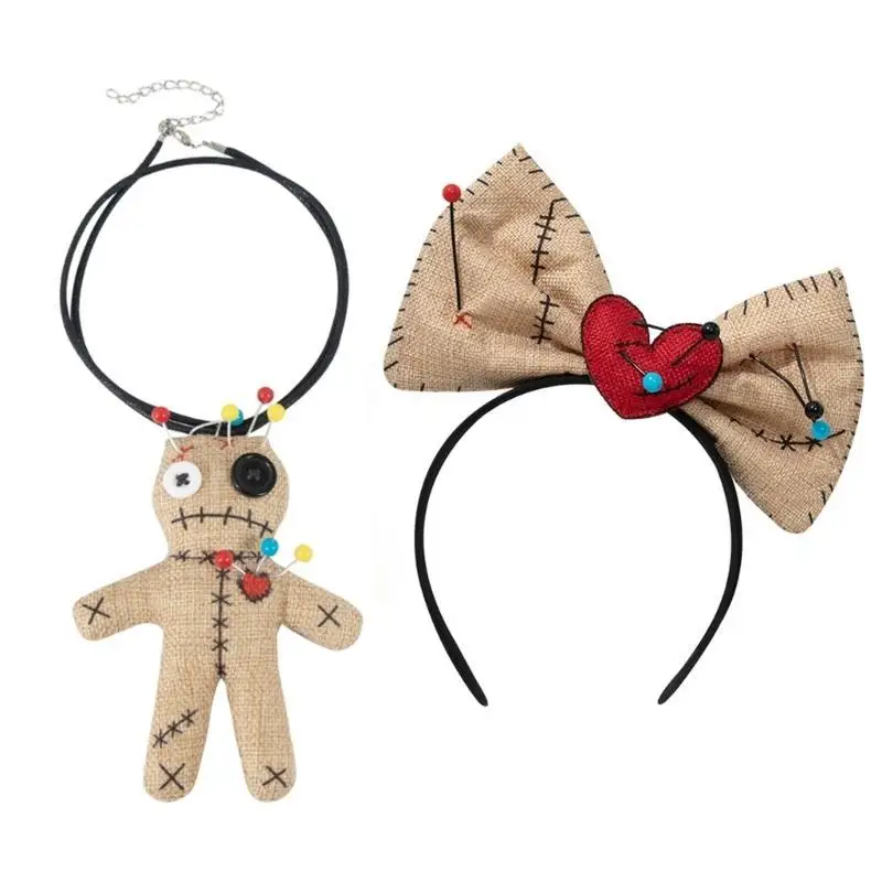 A52E Doll Costume Bowknot Hairhoop Necklace for Halloween Cosplay Costume Headband Theme Party Dress Up Hairband