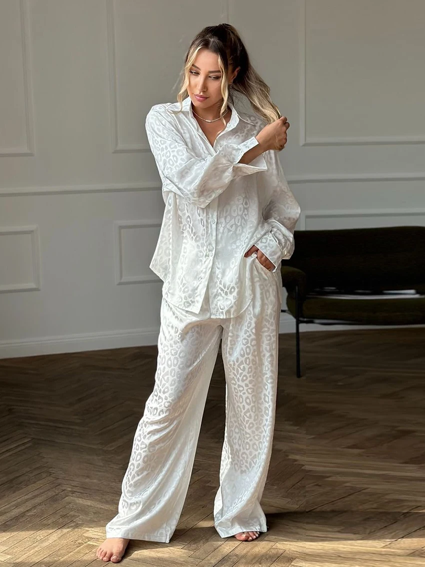 Marthaqiqi Loose Leopard Print Female Sleepwear Suit Long Sleeve Pajamas Turn-Down Collar Nightwear Pants Nightgowns 2 Piece Set