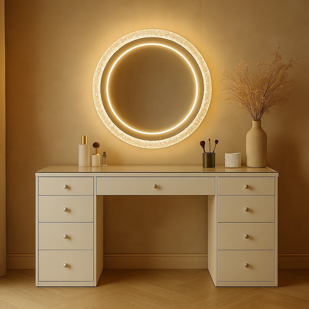 

2026 hot sales Modern Girl White Crystal Makeup Dresser Desk Makeup Mirror Light Glass Desktop