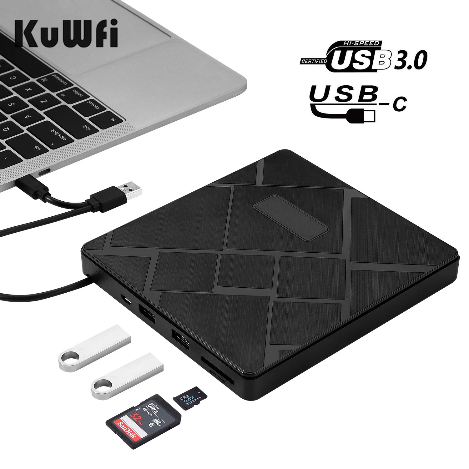 

KuWFi USB3.0+Type-C DVD Burner DVD RW CD Writer External Optical Drive CD/DVD Player TF/SD Card Reader for Mac Laptop Windows PC