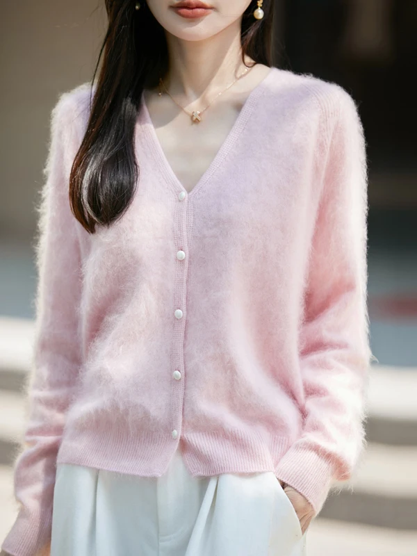 Ladies' V-neck Knitted Woolen Cardigan Soft Warm Outerwear Casual Style Long Sleeve Loose Fit Fashionable Autumn Winter Coat