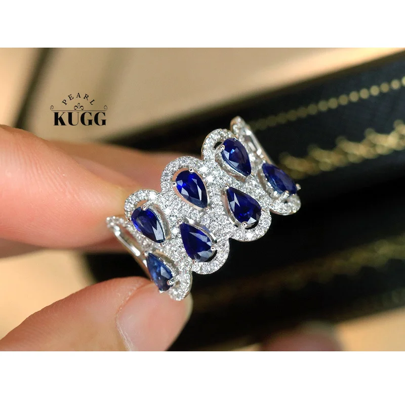 KUGG 100% 18K White Gold Rings Elegant Design Luxury Diamond Jewelry Natural Sapphire Engagement Ring for Women Senior Banquet