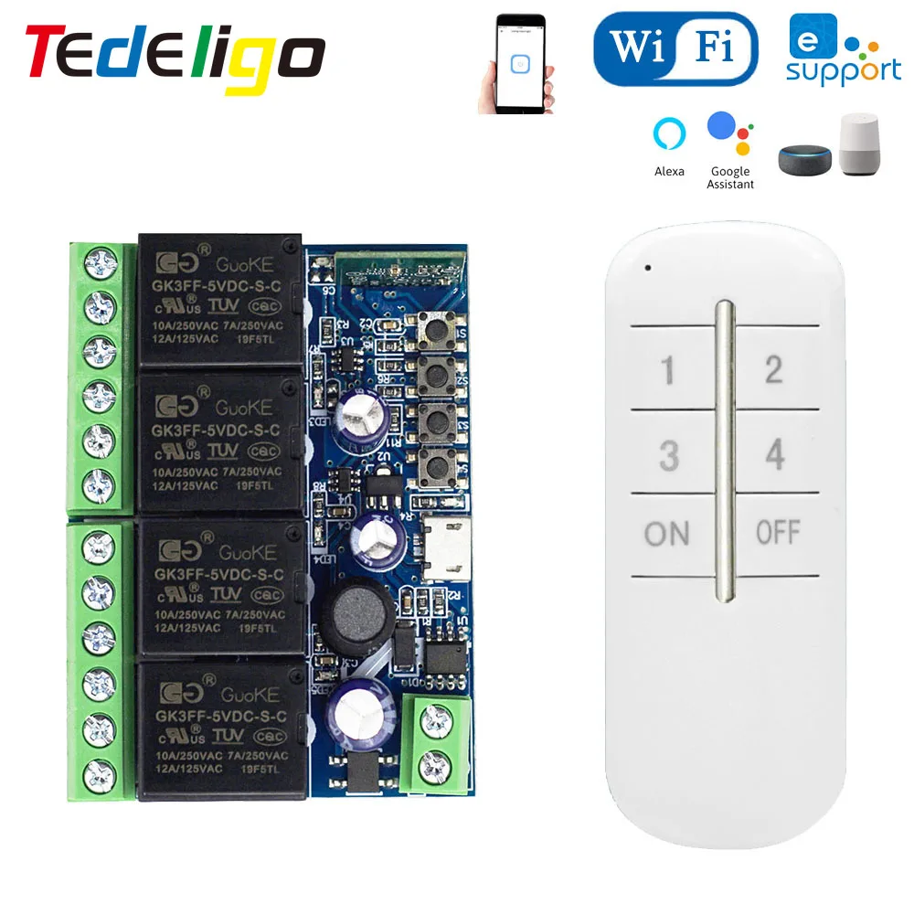 Tedeligo Ewelink WiFi Smart Switch DC 12V 24V 48V USB 5V 4CH Relay Receiver Controller with Timing Voice Control,Alexa Google