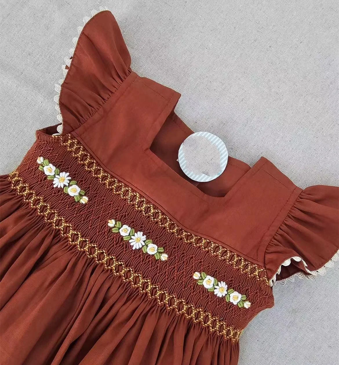 1-12Y Baby Girl Blue Smocked Brown Dress for Eid Birthday Holiday Photography Casual